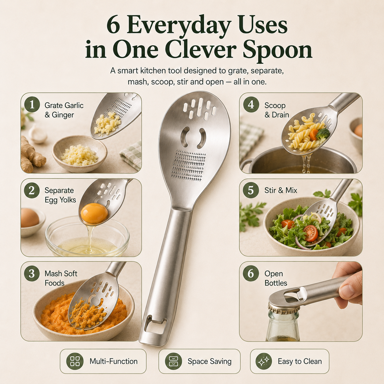 🥄 All-in-One Stainless Steel Kitchen Spoon | Grate, Strain, Mash & More