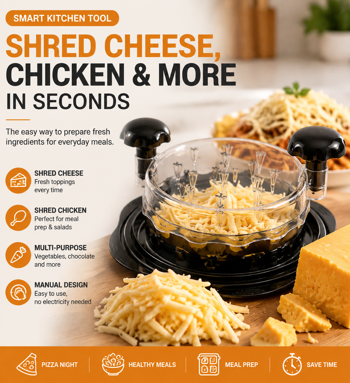 🧀 Manual Food Shredder | Cheese & Chicken Shredder for Fast Multi-Purpose Kitchen Prep🍗