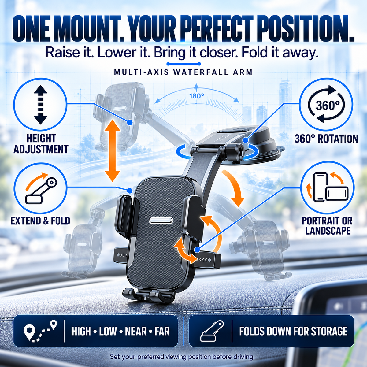 🚗 Vacuum Suction Waterfall Car Phone Mount – Foldable Multi-Angle One-Hand Lock