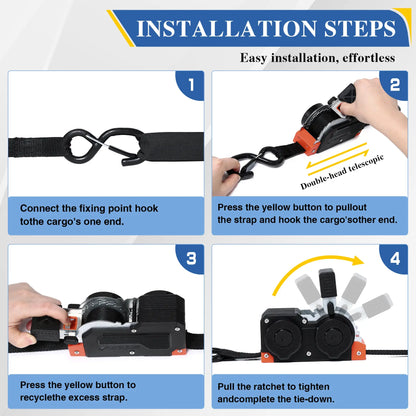 Dual-End Retractable Tie-Down Ratcheting Straps, 1 in x 16.4 ft, 1650 lb Break Strength, Adjustable Ratchet Position, Large Locking S Hooks for Motorcycle, ATV, Truck