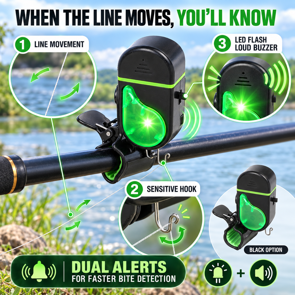 🎣 Electronic Fishing Rod Bite Alarm – High-Volume Buzzer, LED Flash & Adjustable Silicone Clamp