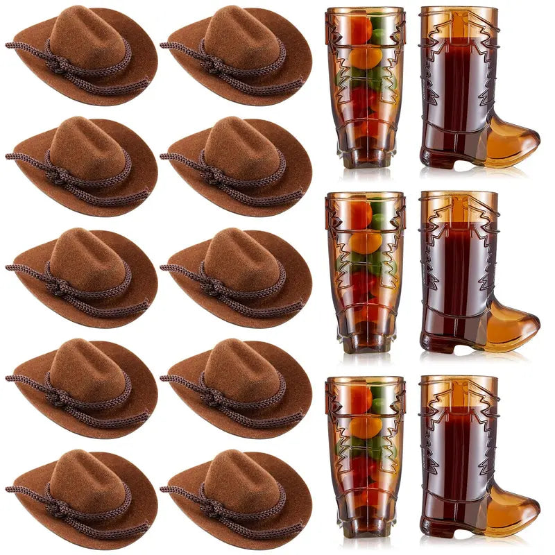 🤠 10-Pack Cowboy Boot Shot Cups with Iridescent Hats – Western Party Set