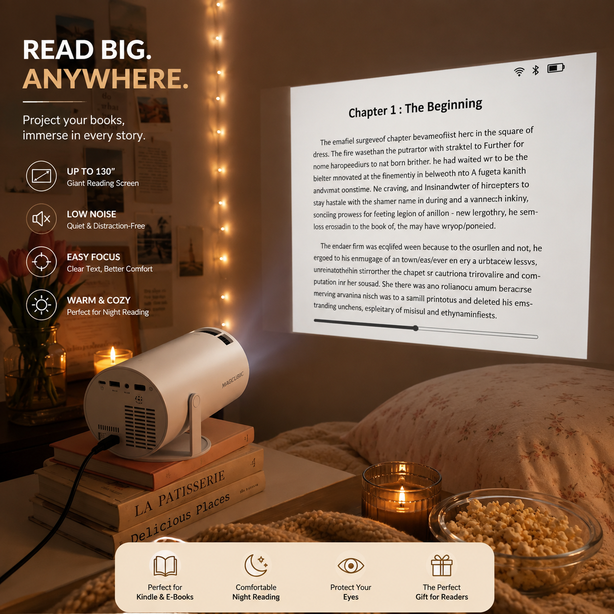 Smart Reading Projector – 4K Support, WiFi 6 & Up to 130″ Screen 📚✨