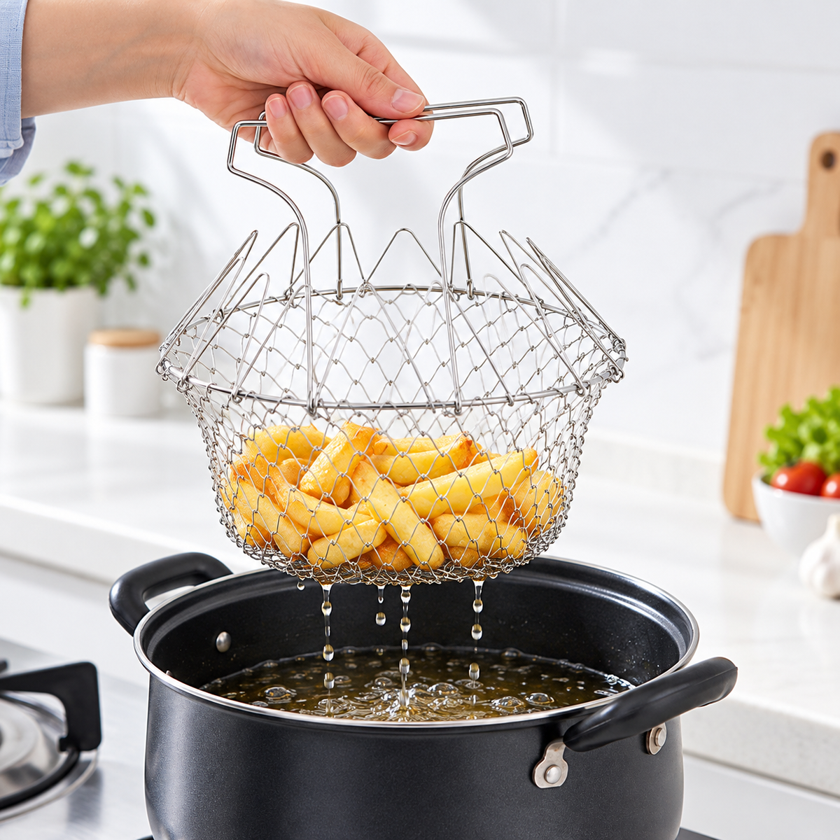 🍟 Foldable Easy-Lift Frying Basket – Fry, Lift & Drain in One Easy Move