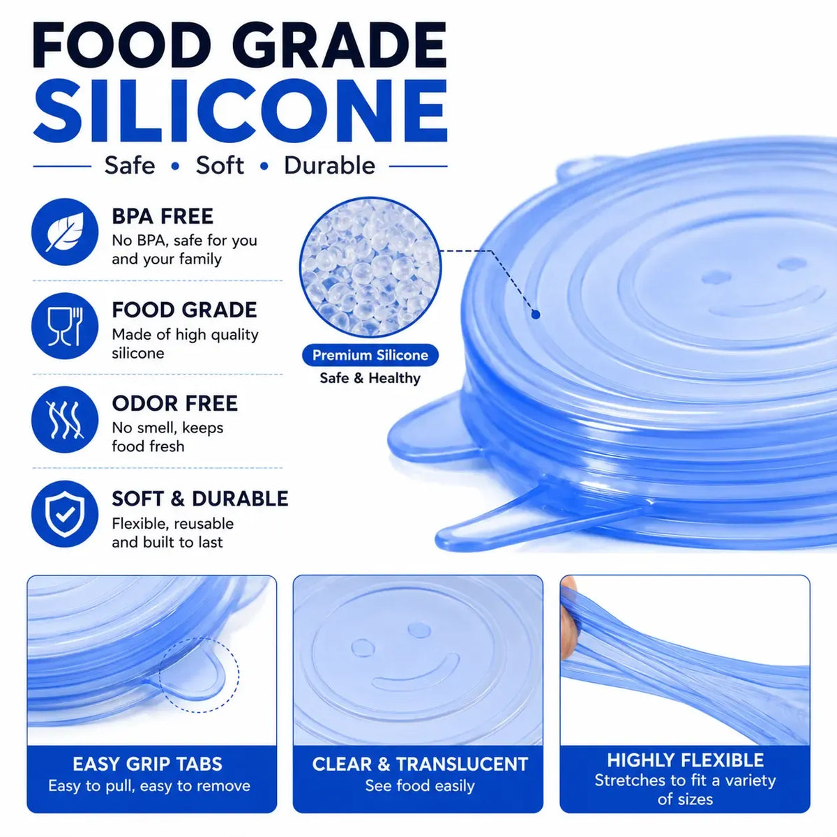 6 Pack Silicone Stretch Lids, Reusable Food Grade Silicone Container Cover
