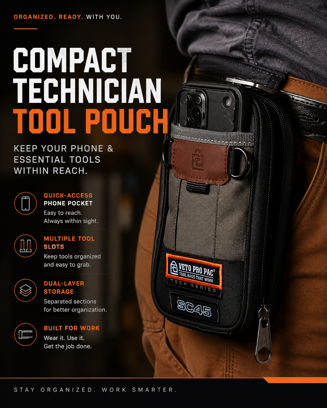 🔧 Compact Technician Tool Pouch with Phone Pocket & Dual-Layer Storage