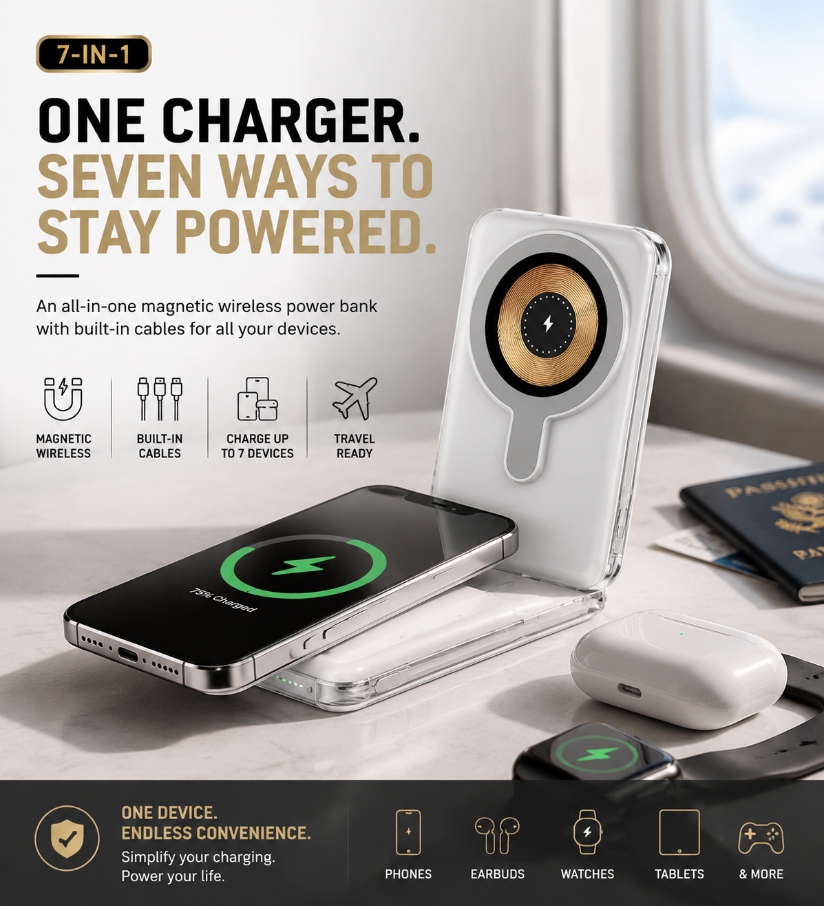 🔋 7-in-1 Magnetic Wireless Power Bank | All-In-One Travel Charger With Built-In Cables🧲