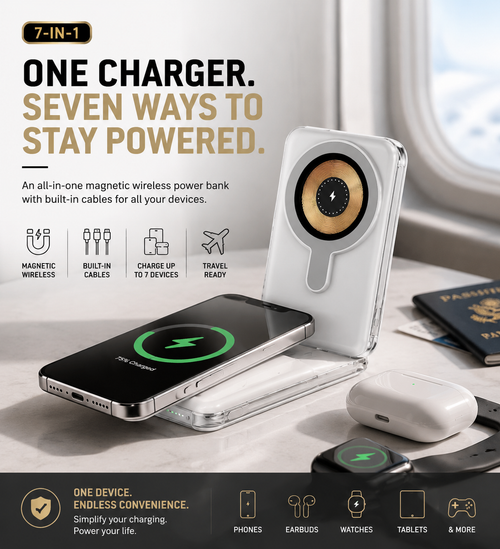 🔋 7-in-1 Magnetic Wireless Power Bank | All-In-One Travel Charger With Built-In Cables🧲