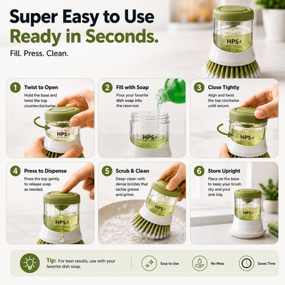 🧼 Press-to-Dispense Dish Brush with Storage Base – Cleaner Sink, Easier Dishwashing