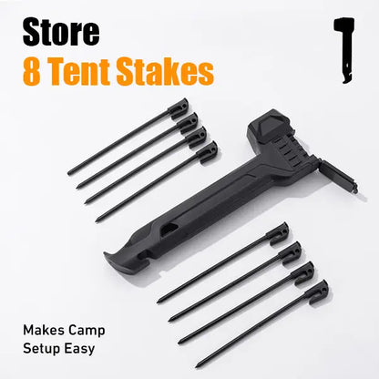 2-in-1 Tent Stake Hammer with Built-In Storage for 8 Stakes and Stake Puller for Outdoor Camping