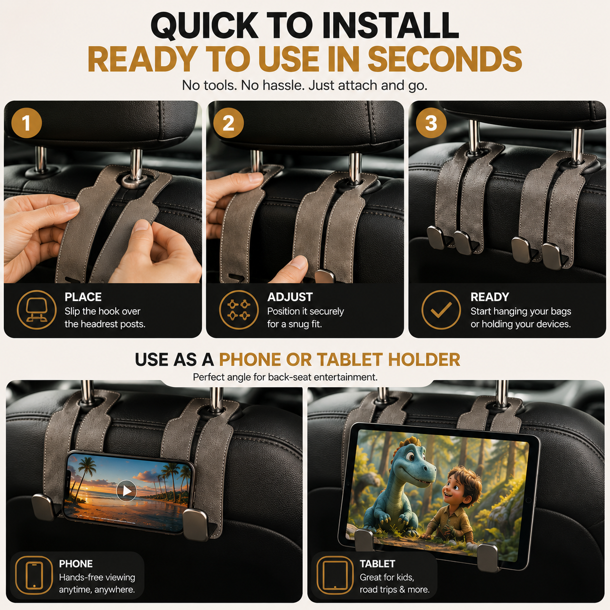 🚗 2-in-1 Car Headrest Organizer Hook & Phone Holder – Keep Bags Secure & Your Car Clutter-Free