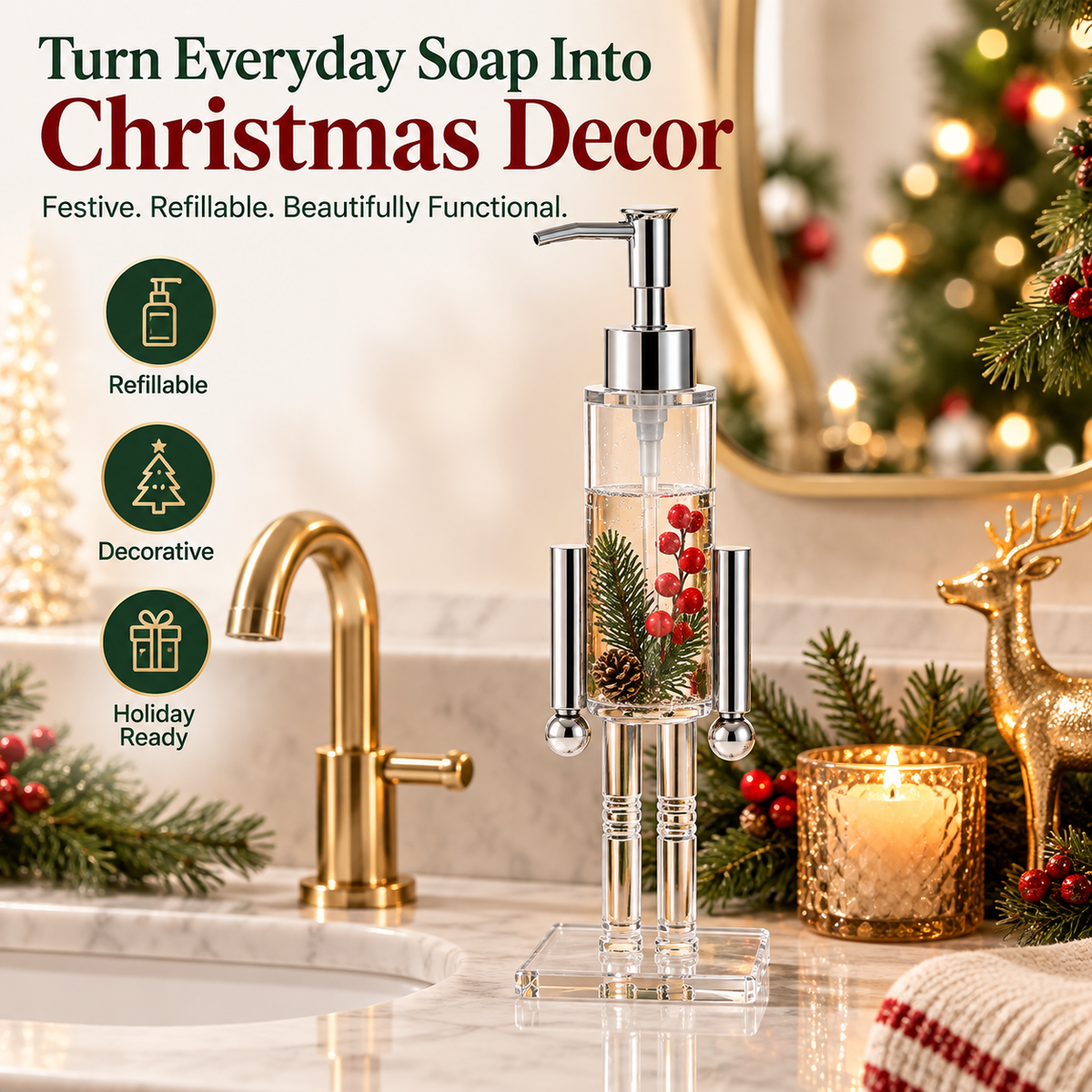 🎄 Nutcracker Christmas Soap Dispenser – Refillable Holiday Pump Bottle
