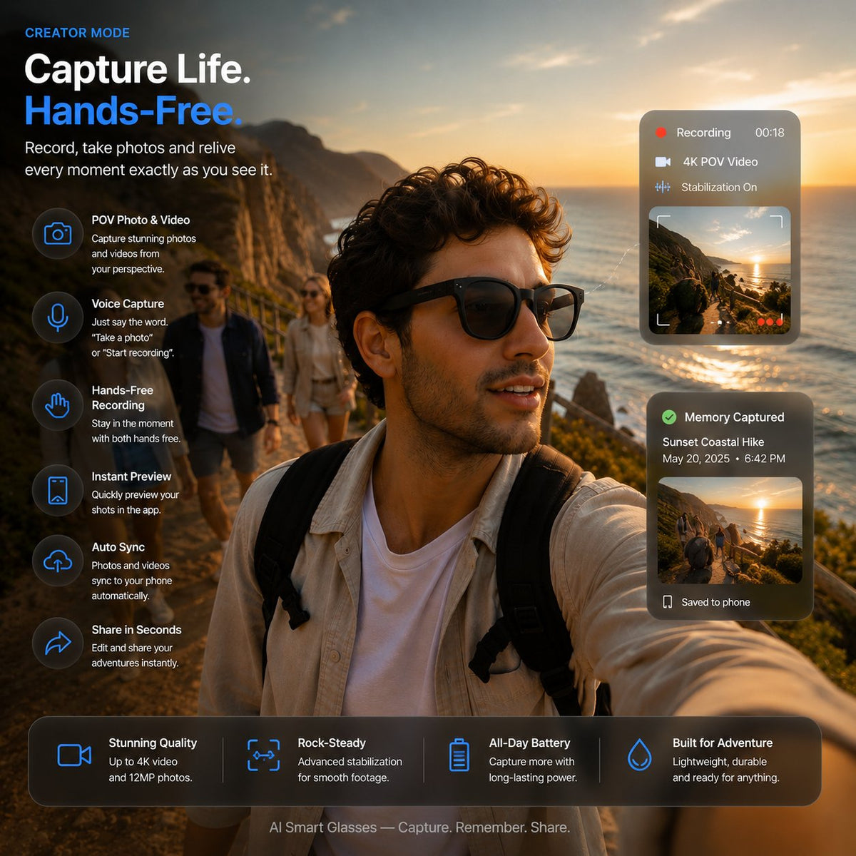 👓 AI Smart Glasses 🎥 4K POV Camera | Multi-Language Translation & AR Navigation