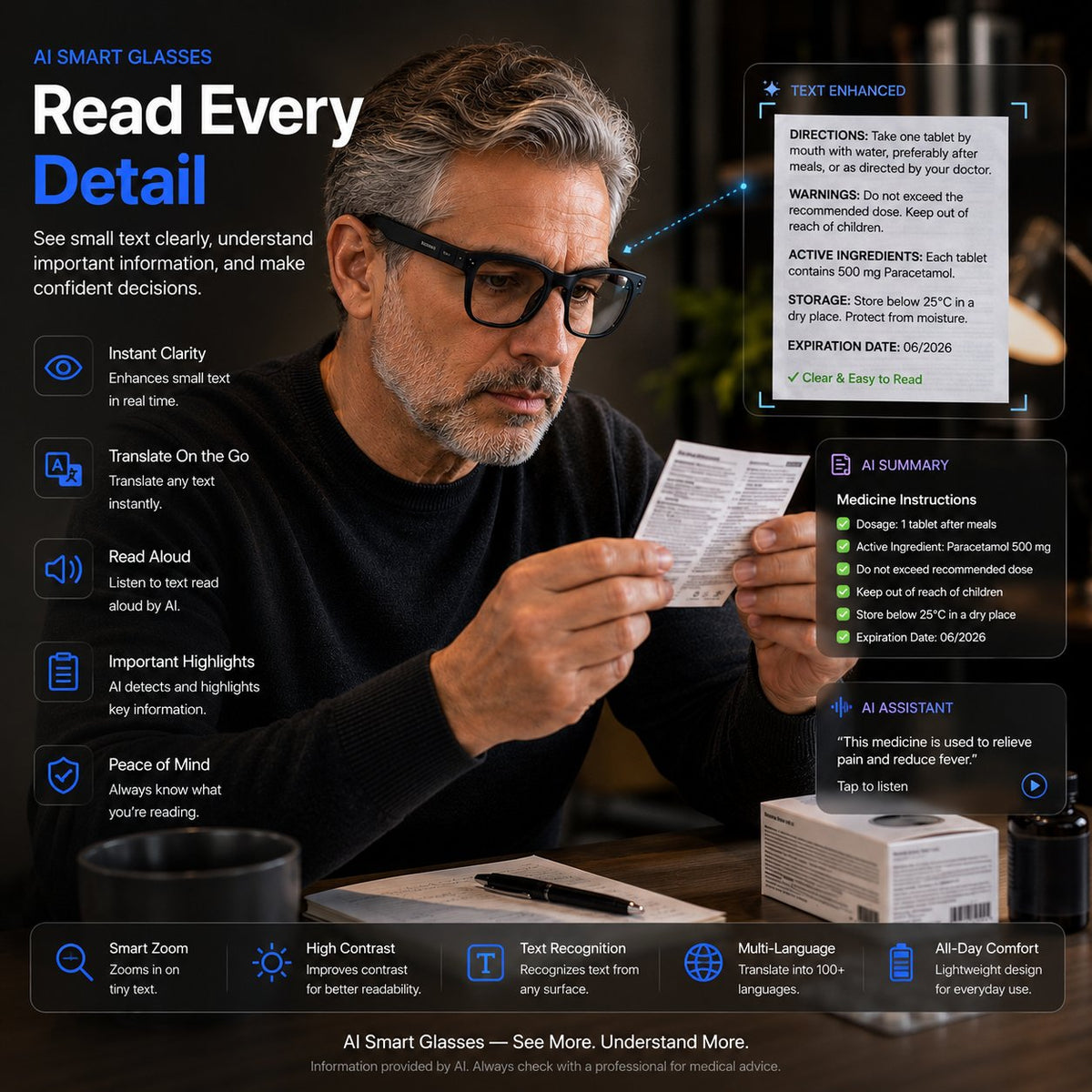 👓 AI Smart Glasses 🎥 4K POV Camera | Multi-Language Translation & AR Navigation