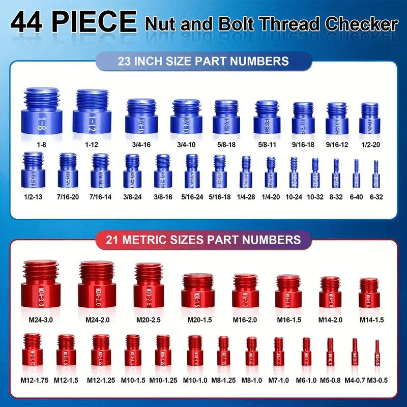 📏 Portable Bolt & Nut Size Gauge – 44-Piece Inch & Metric Thread Checker, Clear Markings, Stainless Steel, Tool Box Included