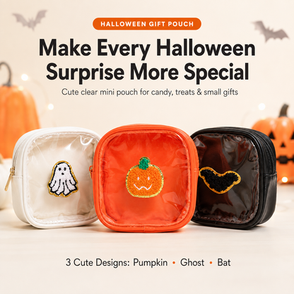 🎃 Halloween Mini Clear Pouch – Cute Pumpkin Ghost Bat Treat Bag for Candy, Makeup & Small Treasures