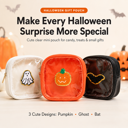 🎃 Halloween Mini Clear Pouch – Cute Pumpkin Ghost Bat Treat Bag for Candy, Makeup & Small Treasures