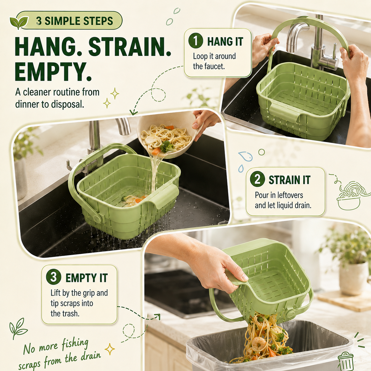 🧼 3-in-1 Collapsible Hanging Sink Strainer Basket – Rinse, Drain & Organize