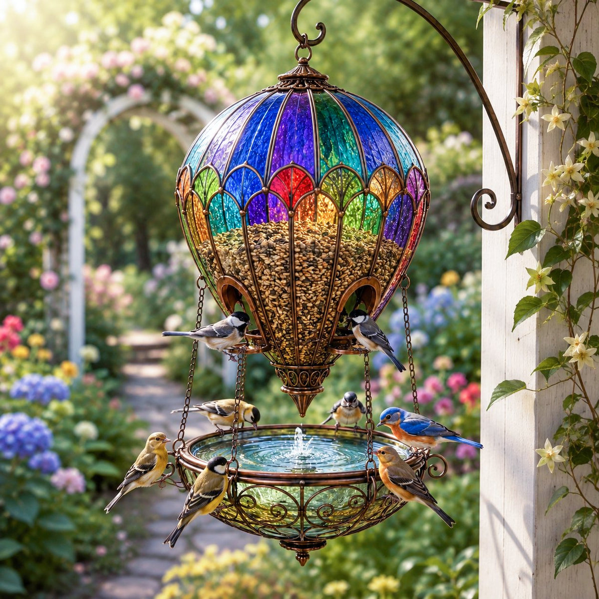 Decorative Hot Air Balloon Bird Feeder Hanging In Garden