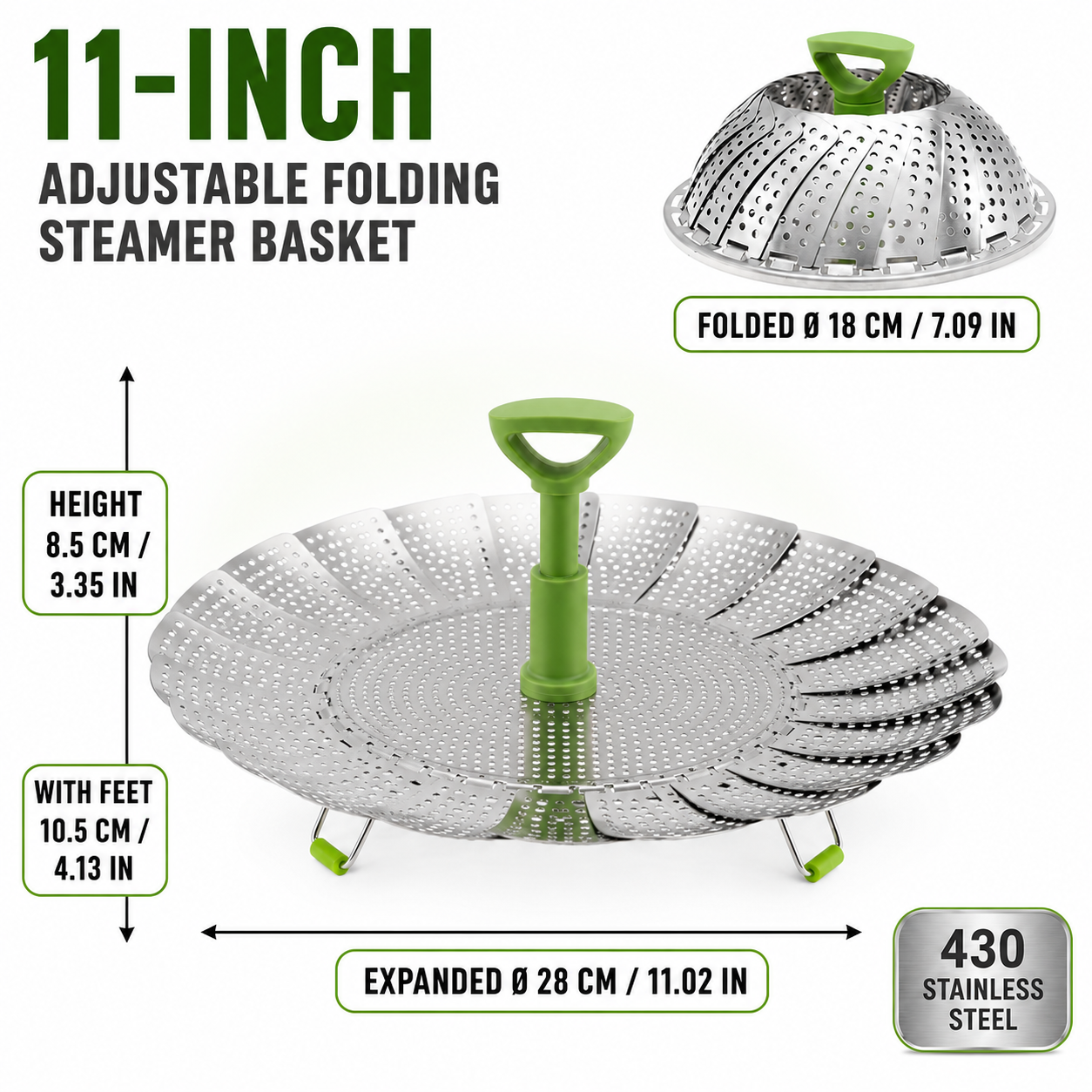 🥦 3-in-1 Adjustable Folding Steamer Basket – Steam, Rinse & Serve