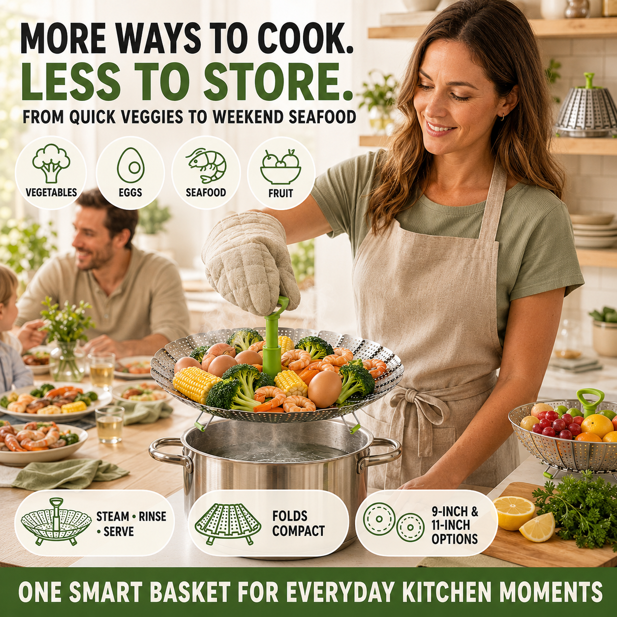 🥦 3-in-1 Adjustable Folding Steamer Basket – Steam, Rinse & Serve