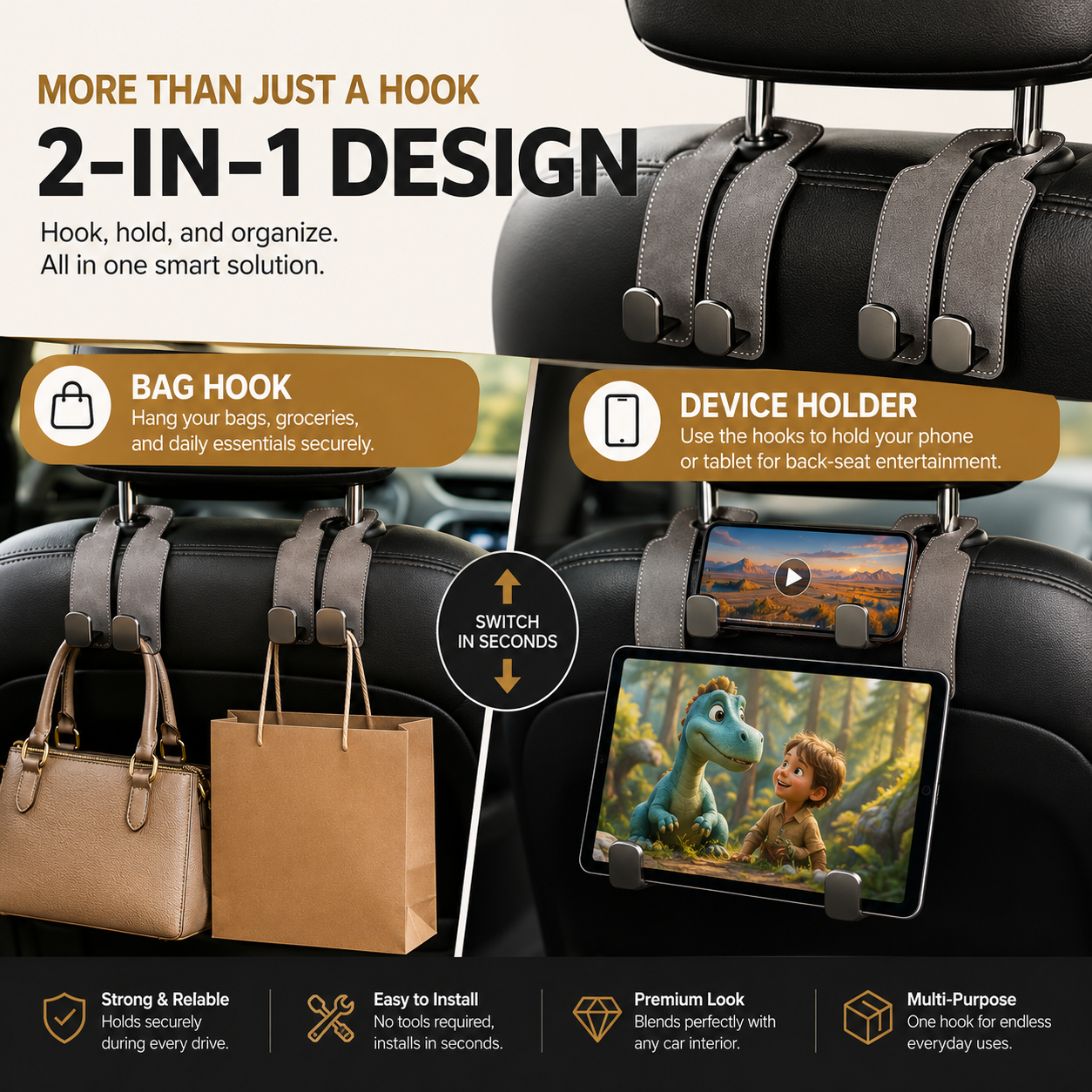 🚗 2-in-1 Car Headrest Organizer Hook & Phone Holder – Keep Bags Secure & Your Car Clutter-Free