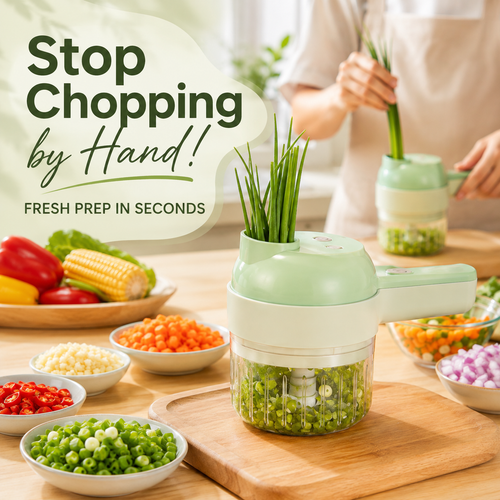 🧄 4-in-1 Handheld Electric Chopper: Slice, Mince, Peel & Auto-Clean!