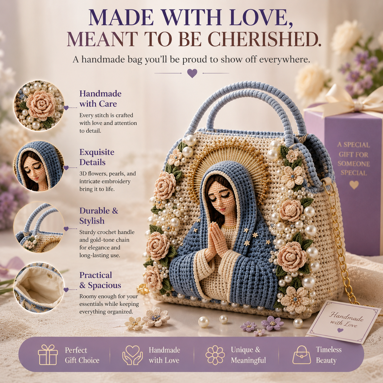 🧶 Dreamy 3D Crochet Handbag DIY Kit – Create Your Own Floral Pearl Purs