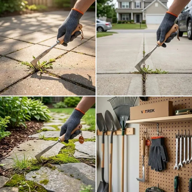 VOTREK Crack Weeder Tool Set with Gloves, Complete Crevice Weeding Kit for Sidewalk Cracks, Driveway, Patio Pavers, L Shaped Manual Weed Puller Remover, Garden Gift for Gardeners