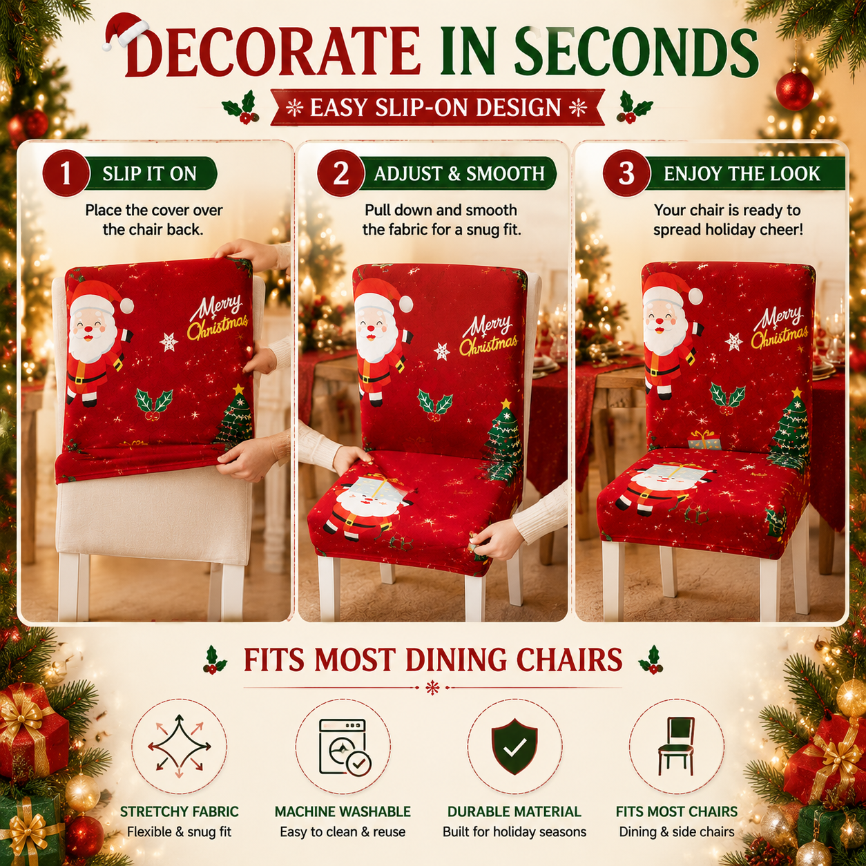 🎅 Christmas Chair Cover – Festive Santa Dining Chair Slipcover, Holiday Home Decor for Instant Christmas Makeover