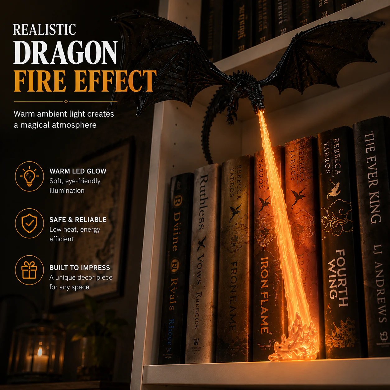 🐉 Fire-Breathing Dragon Bookshelf Lamp – Fantasy LED Shelf Decor