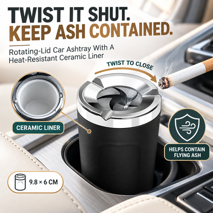 🚬Rotating-Lid Car Ashtray with Ceramic Liner – Cup Holder Design🧱
