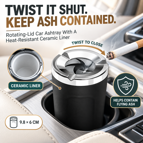 🚬Rotating-Lid Car Ashtray with Ceramic Liner – Cup Holder Design🧱
