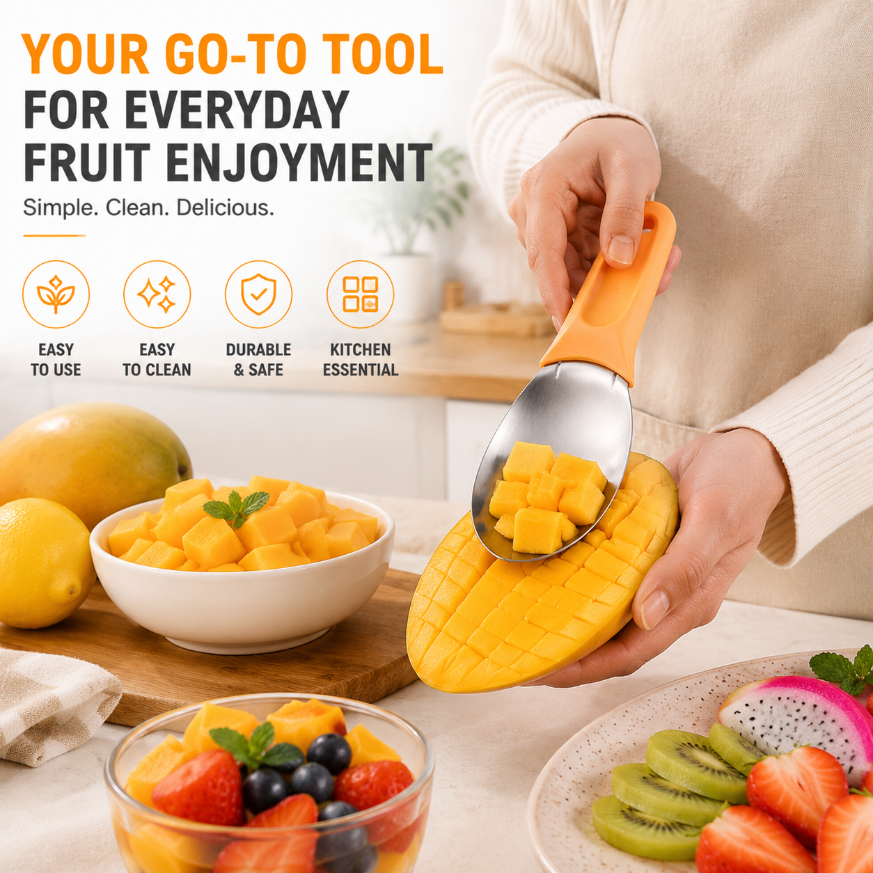 🥭 3-in-1 Fruit Cutter & Scoop Tool – Easy Mango Slicer, Fruit Separator & Serving Spoon for Quick Fruit Preparation