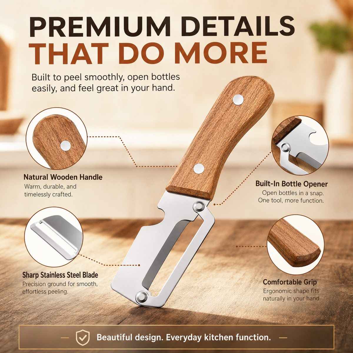 🔪 2-in-1 Wooden Kitchen Peeler & Bottle Opener – Peel, Open & Simplify Your Cooking