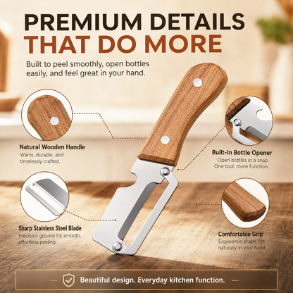 🔪 2-in-1 Wooden Kitchen Peeler & Bottle Opener – Peel, Open & Simplify Your Cooking