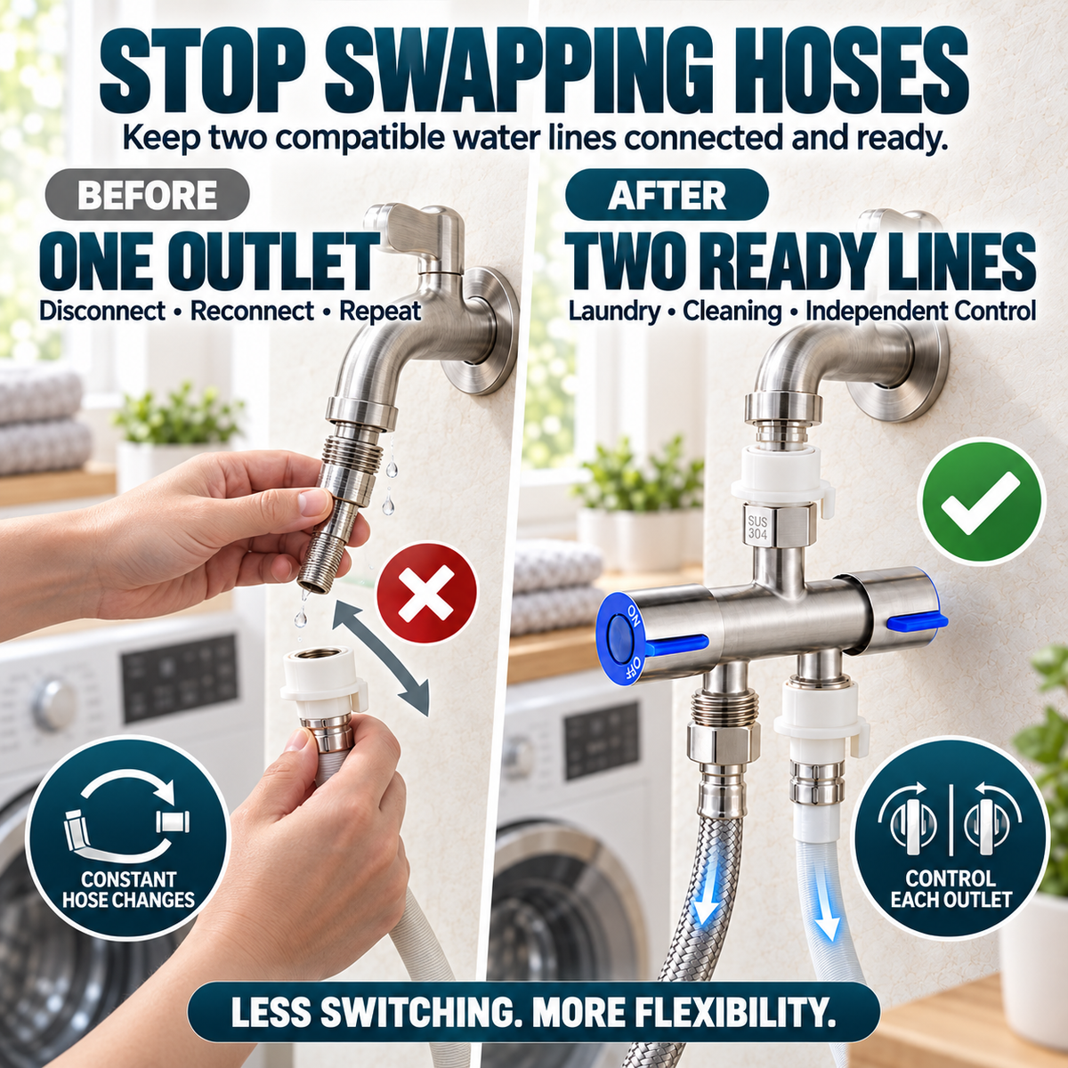 🚿 SUS 304 Dual-Control Faucet Splitter – 2-Way Hose & Washing Machine Adapter