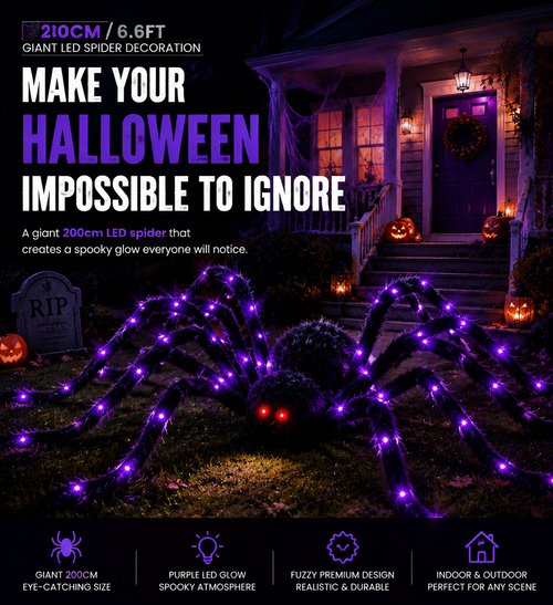 🕷️ Giant LED Halloween Spider Decoration | Outdoor Yard & Porch Spooky Light Display