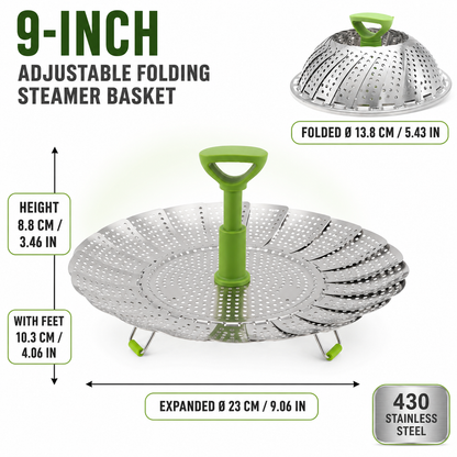 🥦 3-in-1 Adjustable Folding Steamer Basket – Steam, Rinse & Serve