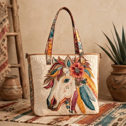 🐎🧵Western Heritage Quilted Tote – Horse, Bison & Feather-Inspired Everyday Bag