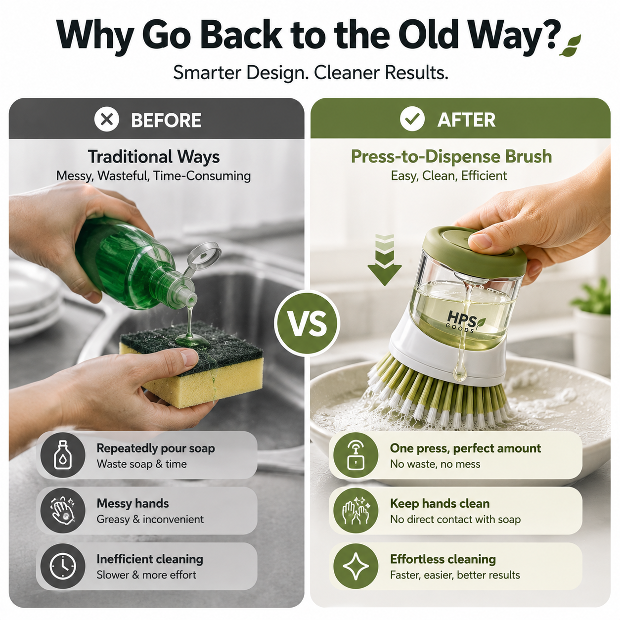 🧼 Press-to-Dispense Dish Brush with Storage Base – Cleaner Sink, Easier Dishwashing