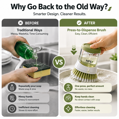 🧼 Press-to-Dispense Dish Brush with Storage Base – Cleaner Sink, Easier Dishwashing