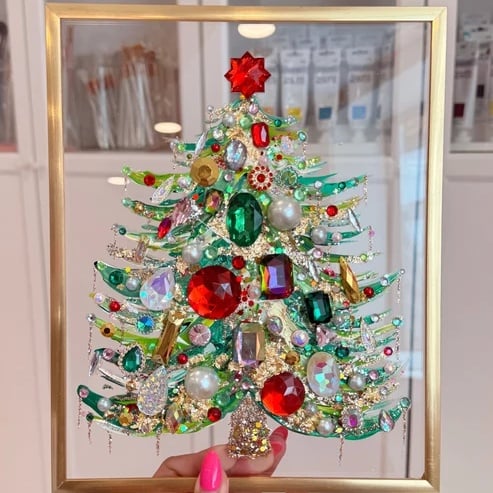 Handmade Gem Christmas Tree Framed Acrylic Art | 8x10 Gold Frame Rhinestone Holiday Decor 🎄✨