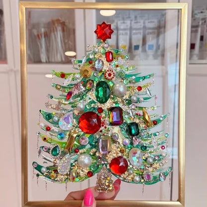 Handmade Gem Christmas Tree Framed Acrylic Art | 8x10 Gold Frame Rhinestone Holiday Decor 🎄✨