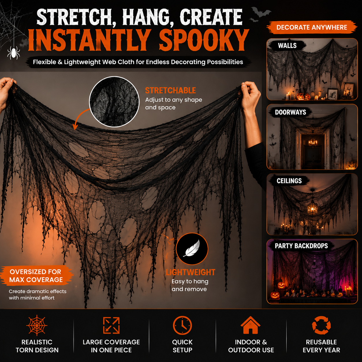 🕸️ Halloween Haunted House Web Cloth | Large Black Tattered Hanging Decoration for Spooky Party & Home Makeover