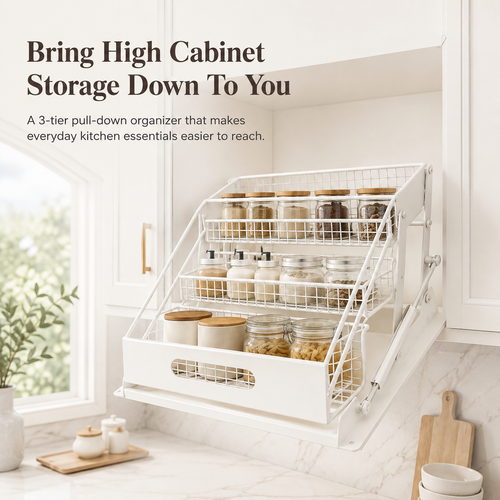 🏡 3-Tier Pull-Down Cabinet Organizer | Easy-Reach Kitchen Storage Rack
