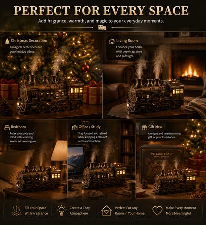 🎄 Christmas Magic Train Diffuser – Vintage Steam Train Aroma Humidifier with Cozy Mist & Ambient Light