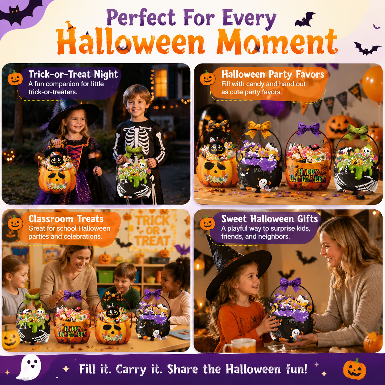 🎃 Halloween Trick-or-Treat Candy Bag – Cute Pumpkin & Witch Cauldron Treat Gift Tote