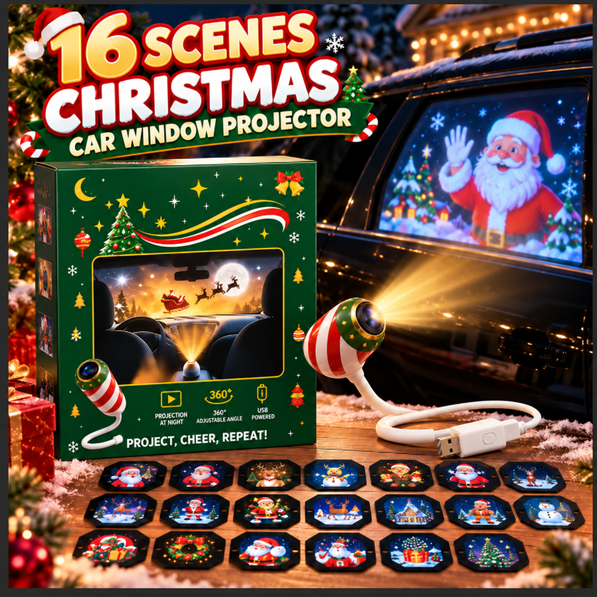 🎄 16-Scene Christmas Car Window Projector — 1 Projector + 16 Interchangeable Slides