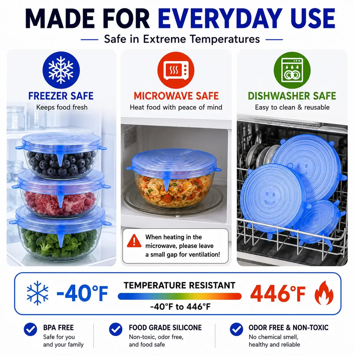 6 Pack Silicone Stretch Lids, Reusable Food Grade Silicone Container Cover